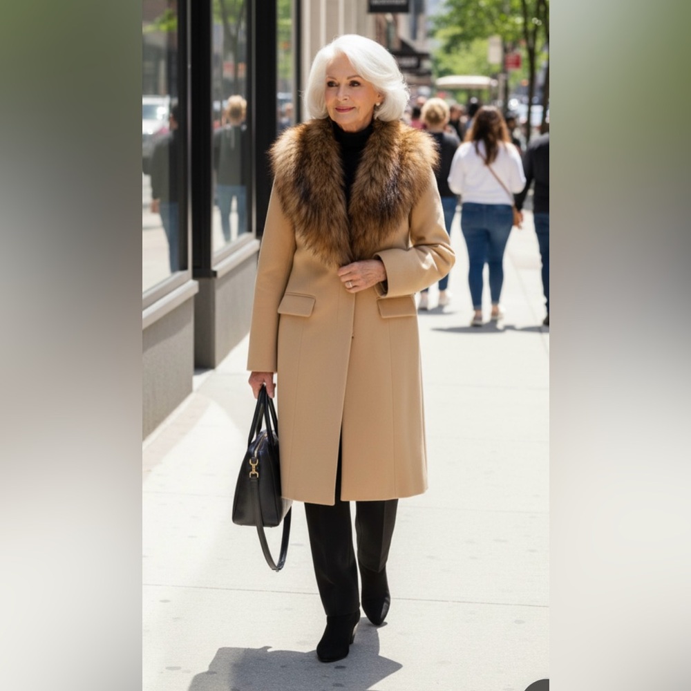 Donna Saylers Fabulous Furs Coat Tan‎  with Brown Faux Fur Collar Size S